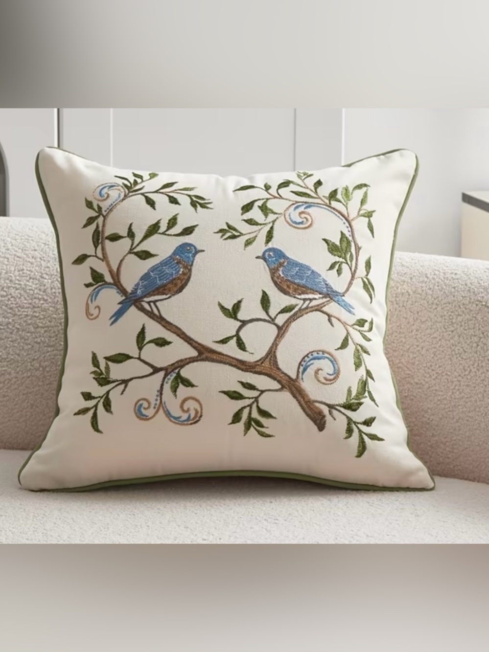 Embroidered Bluebird Branch Decorative Throw Pillow - Accent Cushion